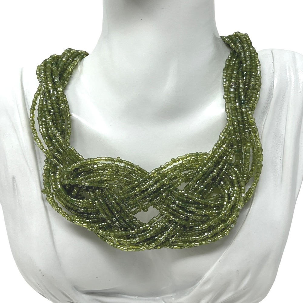 Beaded Braided Necklace Statement Green Seed Beads